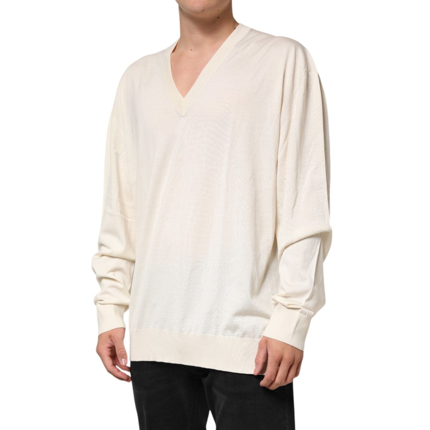 Dolce & Gabbana Ivory Virgin Wool Men V-Neck Knit Sweater