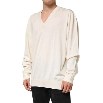 Dolce & Gabbana Ivory Virgin Wool Men V-Neck Knit Sweater