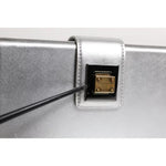 Dolce & Gabbana Metallic Silver DG BOX Leather Shoulder Strap Bag clasp detail showing luxury craftsmanship.