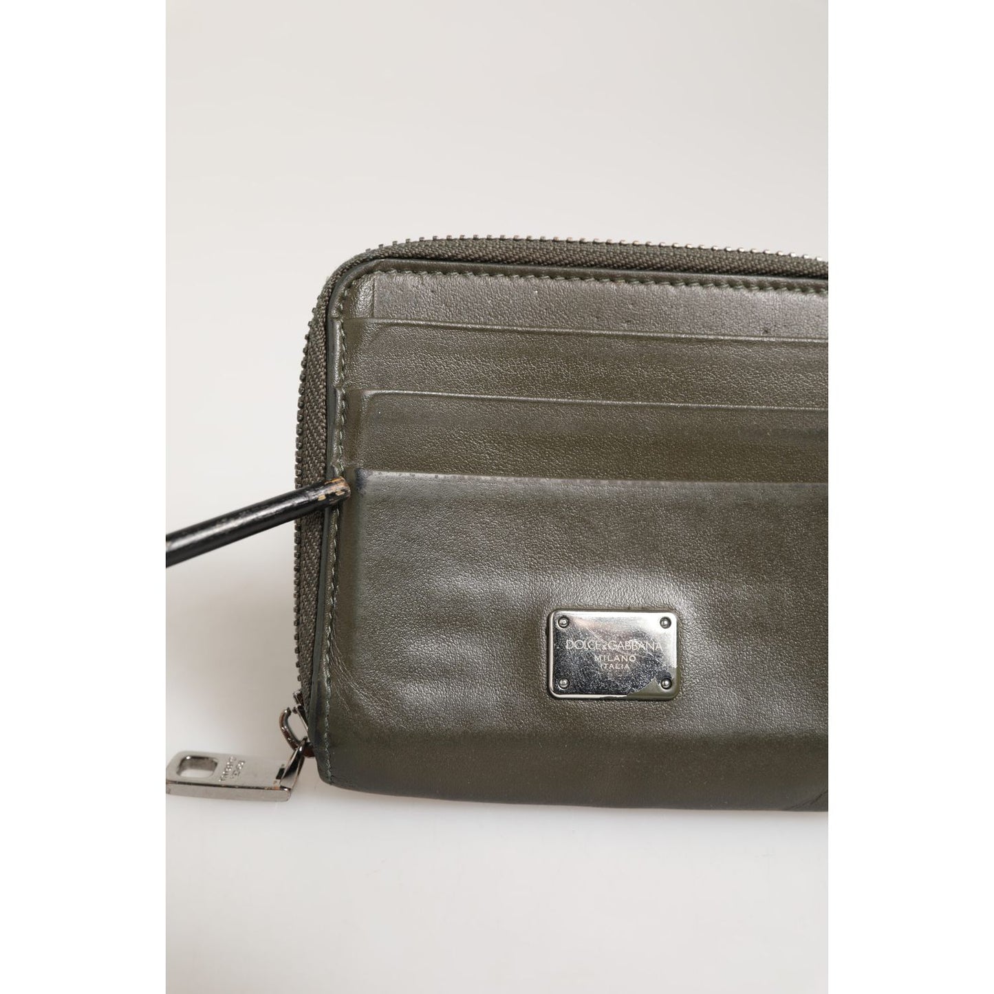 Dolce & Gabbana Military Green Leather Logo Plaque Card Holder Coin Purse Wallet