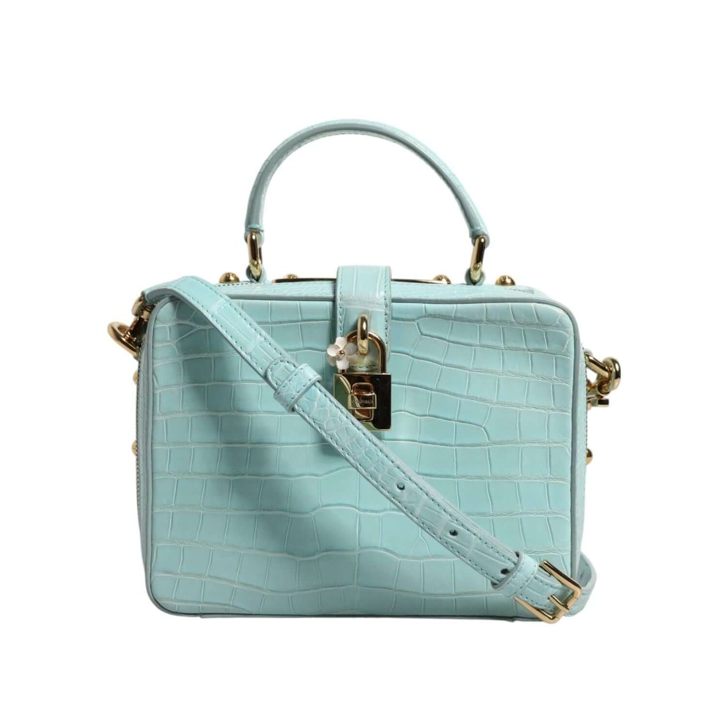 Dolce & Gabbana Mint Green Embossed Leather Padlock Shoulder Bag in luxurious crocodile leather with adjustable strap and gold detailing.