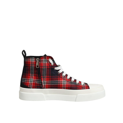 Dolce & Gabbana Multicolor DG Logo Men High Top Sneakers Shoes in red plaid with white rubber sole, lace-up design, stylish and casual.
