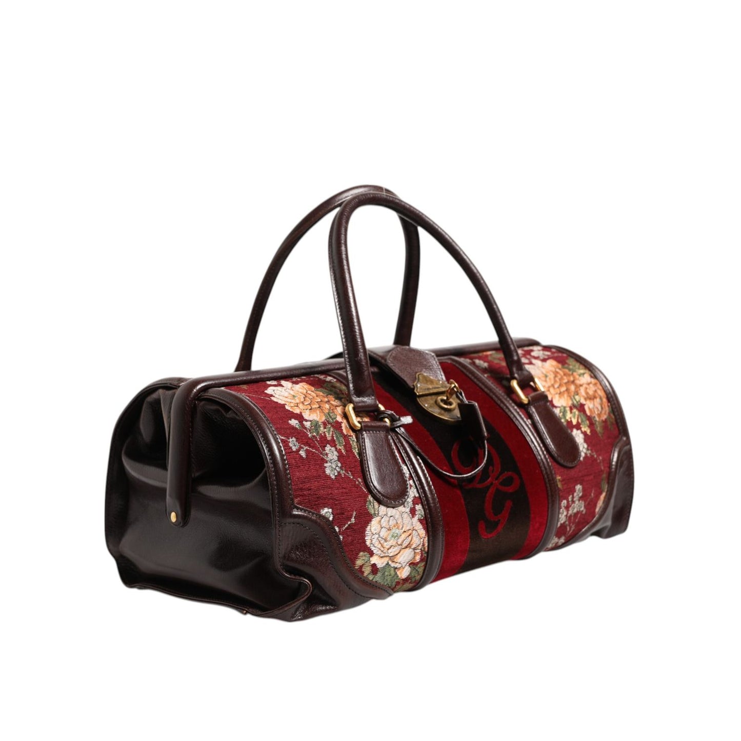 Dolce & Gabbana Multicolor Leather Jacquard Velvet Travel Duffle Bag with floral design and top handles