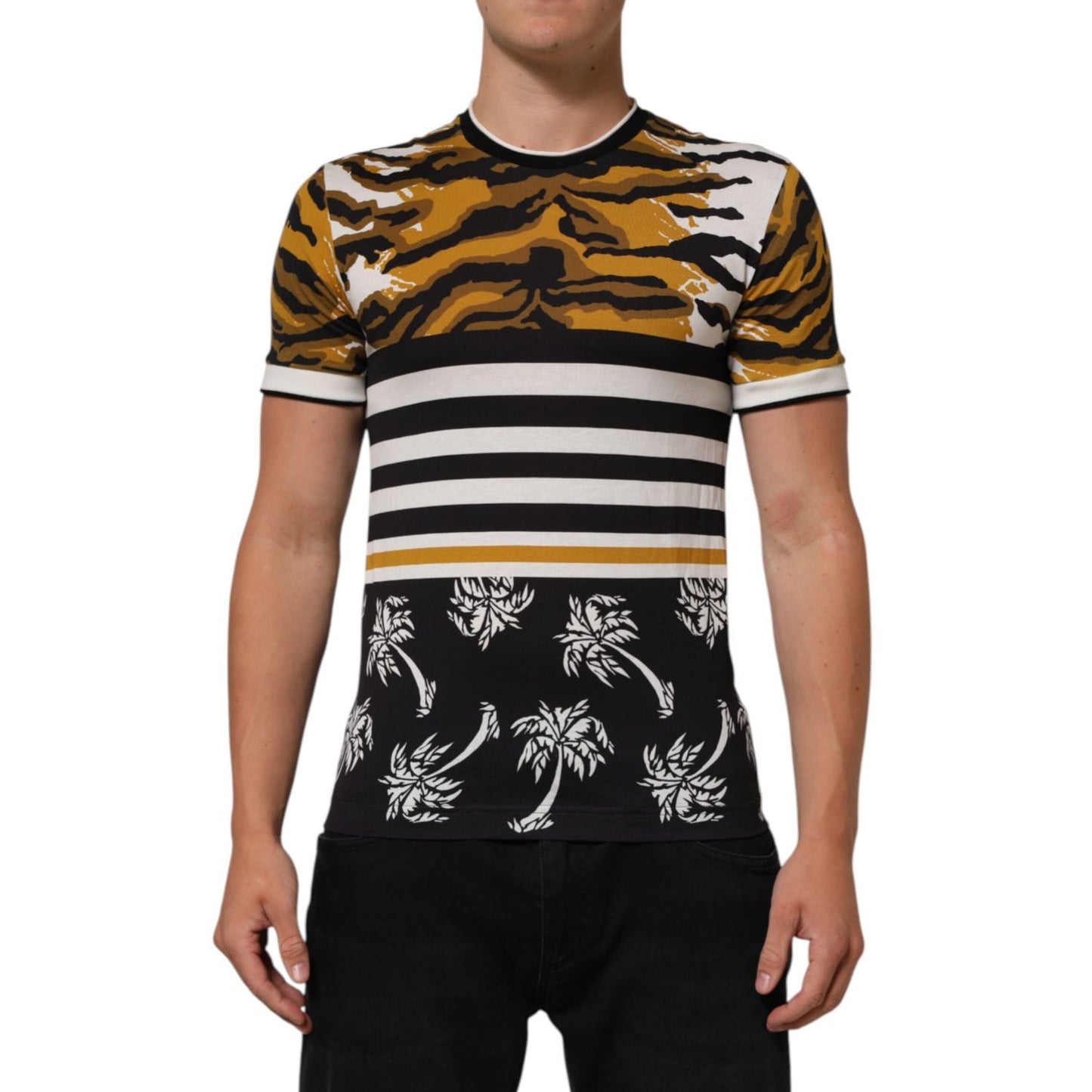 Dolce & Gabbana Multicolor Leopard Palm Leaf Men Crew Neck T-shirt