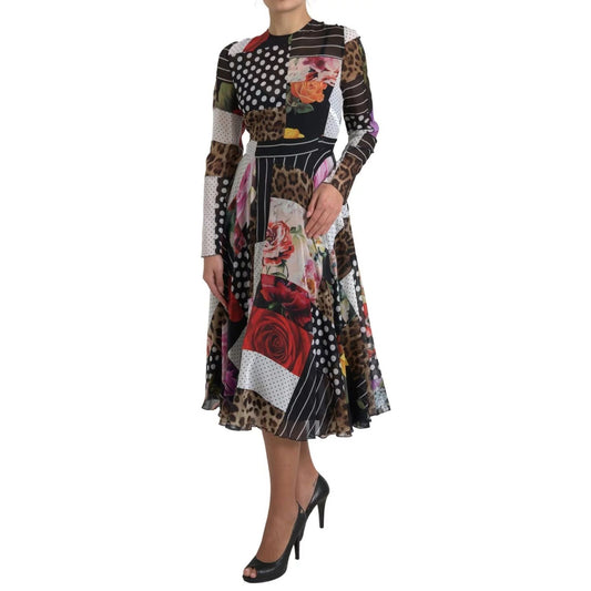 Dolce & Gabbana Multicolor Patchwork Floral Leopard Dress, A-line midi dress with silk blend and zipper closure, made in Italy.