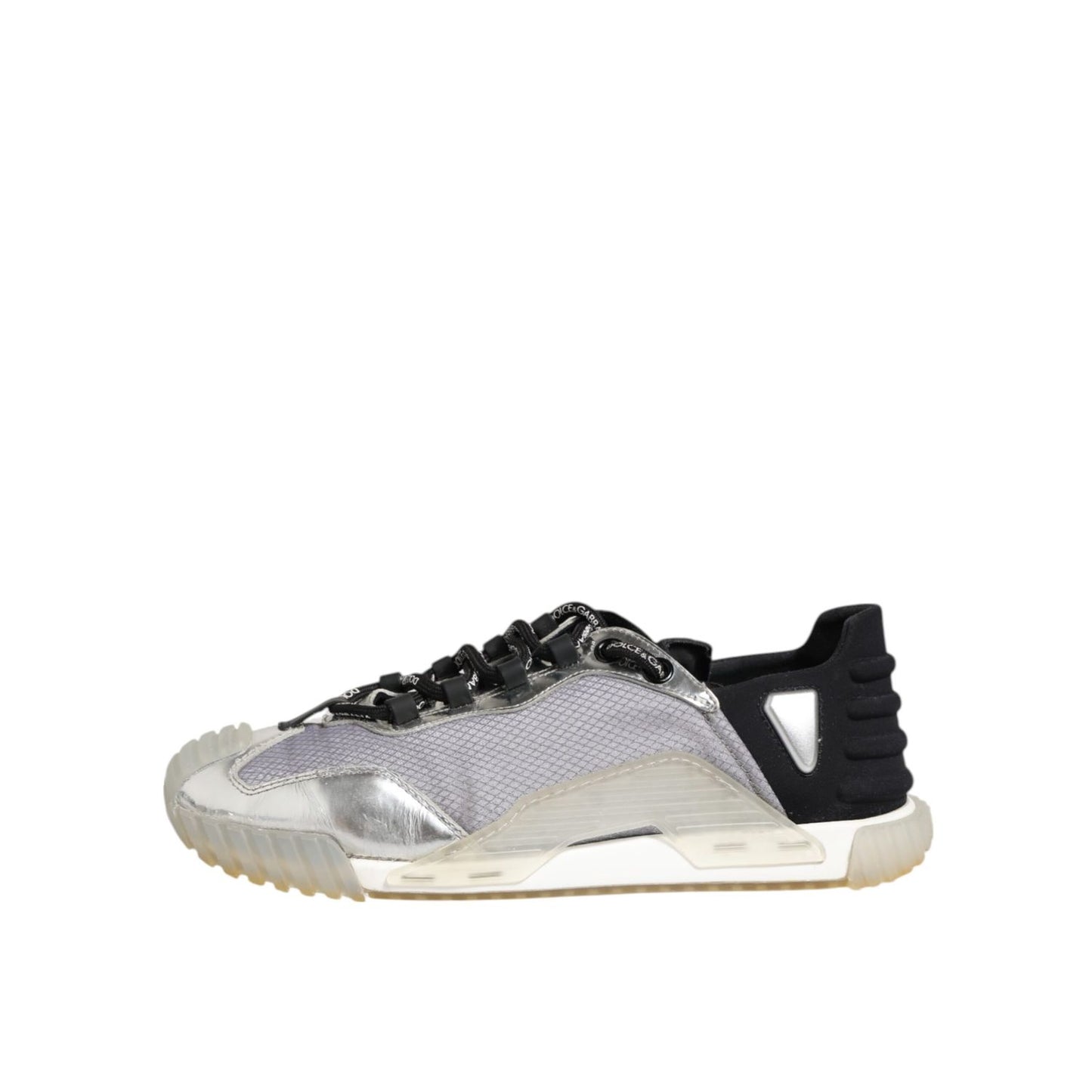 Dolce & Gabbana Multicolor Silver Logo Low Top NS1 Sneakers Shoes with rubber sole and metallic accents, side view.