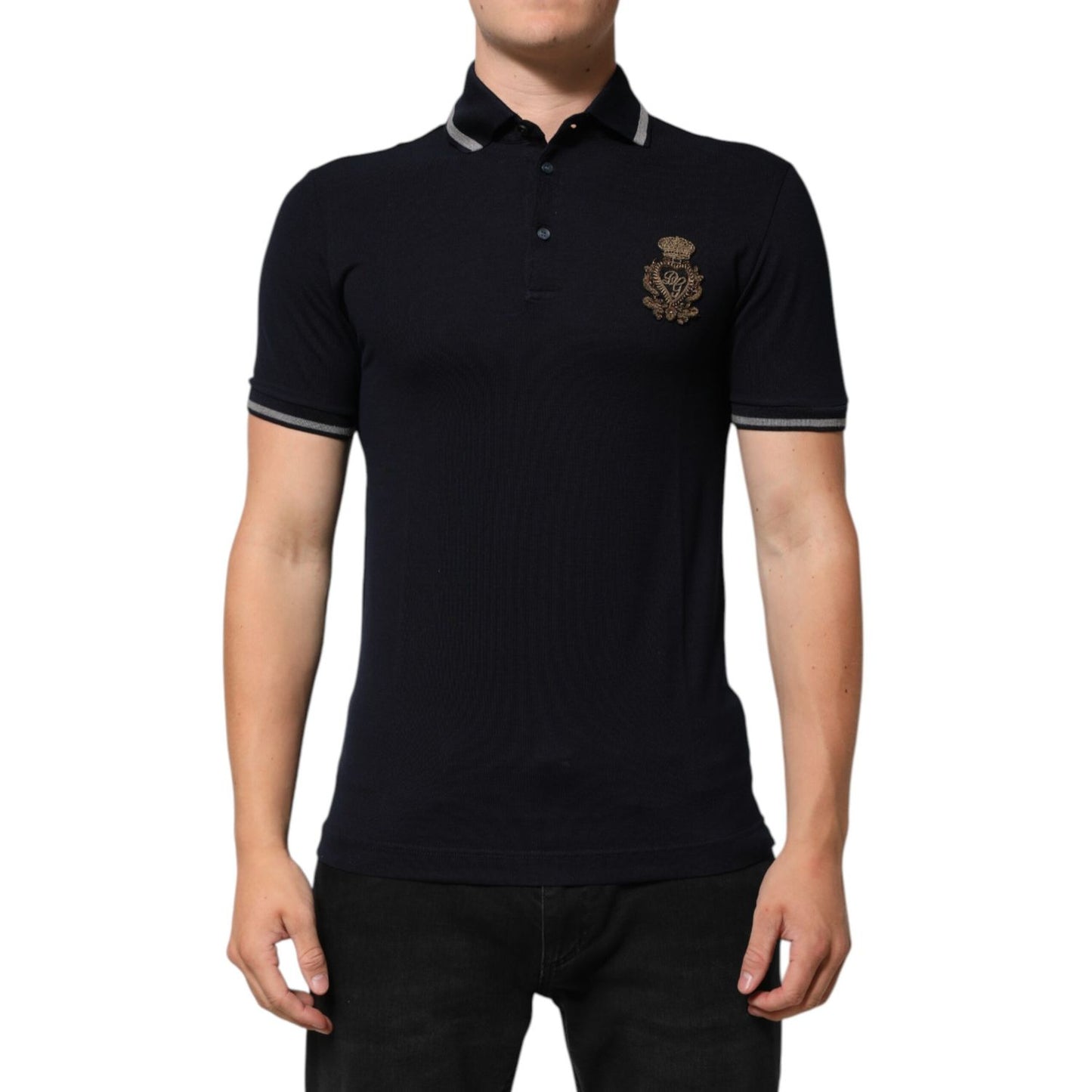 Dolce & Gabbana Navy Blue Cotton Crown Crest Logo Men T-Shirt