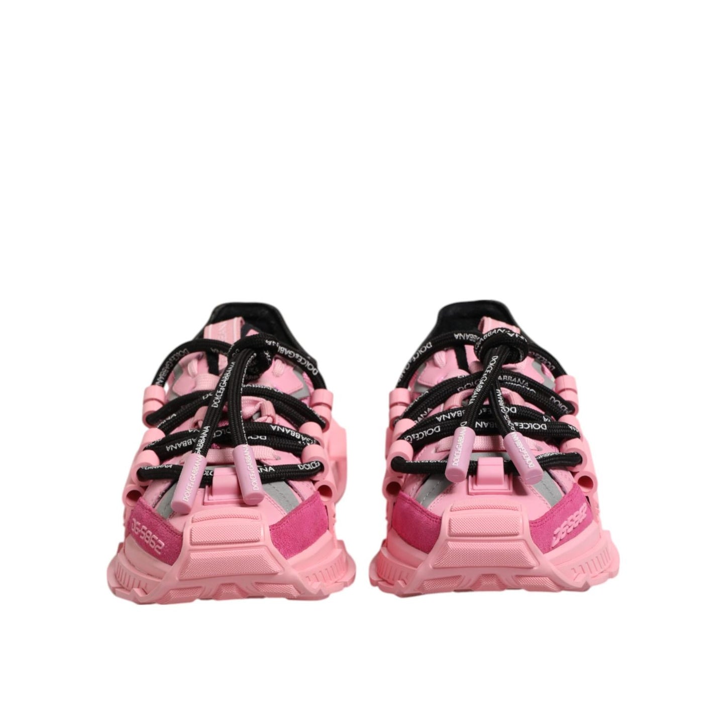 Front view of Dolce & Gabbana Pink Low Top Space Women Sneakers Shoes with logo details and rubber sole.