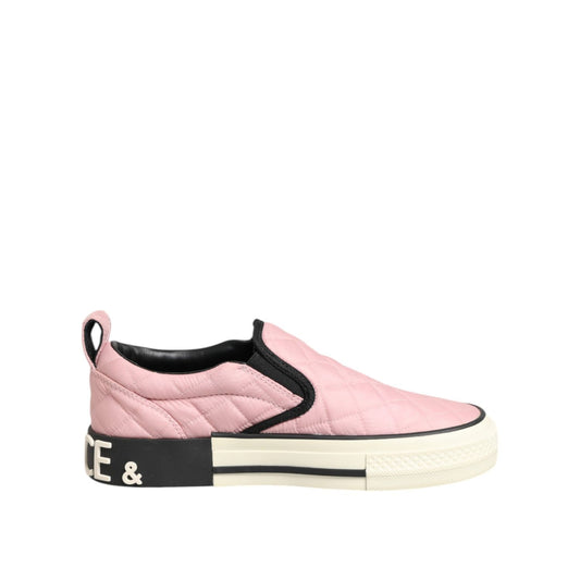 Dolce & Gabbana Pink Quilted Nylon Slip-On Sneaker Shoes with black sole and logo detail, side view.