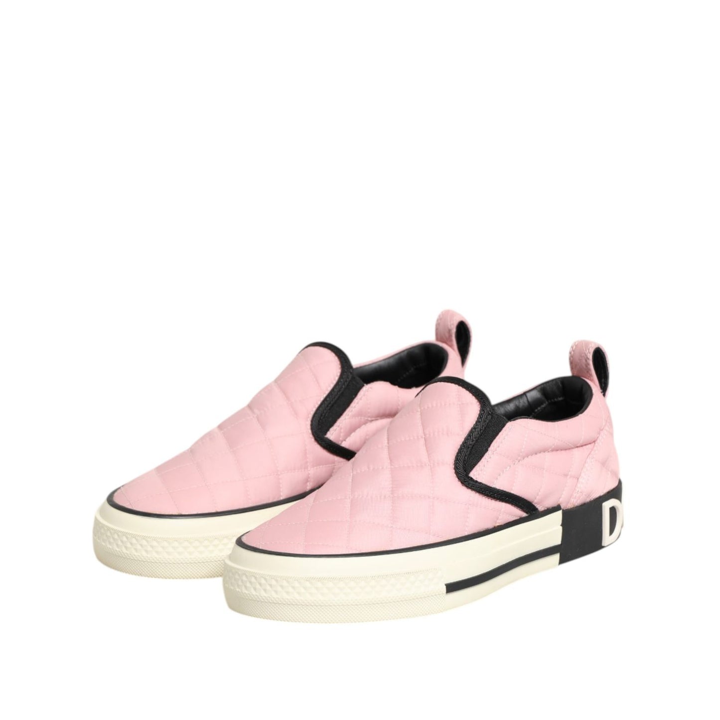 Dolce & Gabbana Pink Quilted Nylon Slip-On Sneaker Shoes with black sole and branding, stylish women’s footwear.