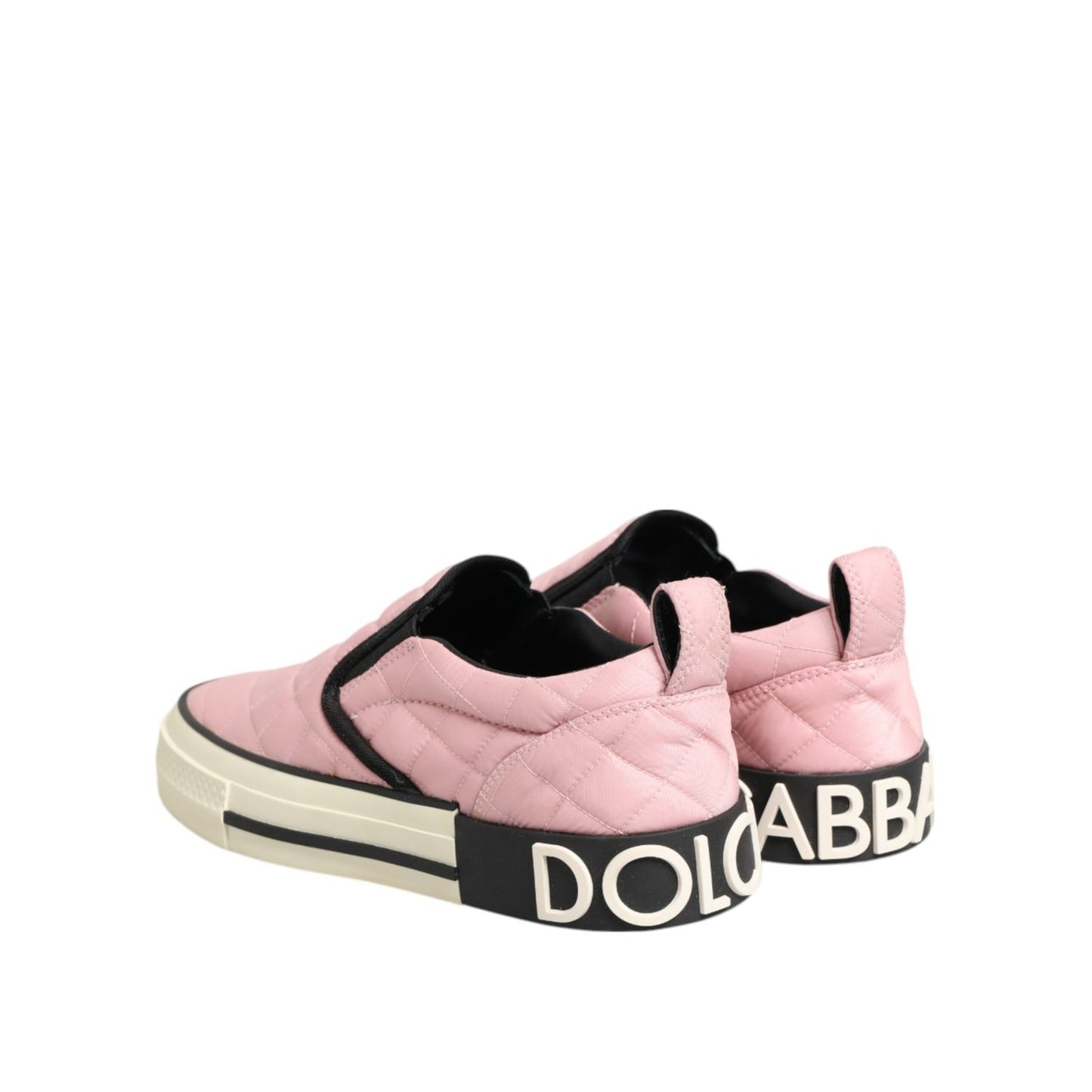 Dolce & Gabbana Pink Quilted Nylon Slip-On Sneaker Shoes with black sole and brand logo on heel.