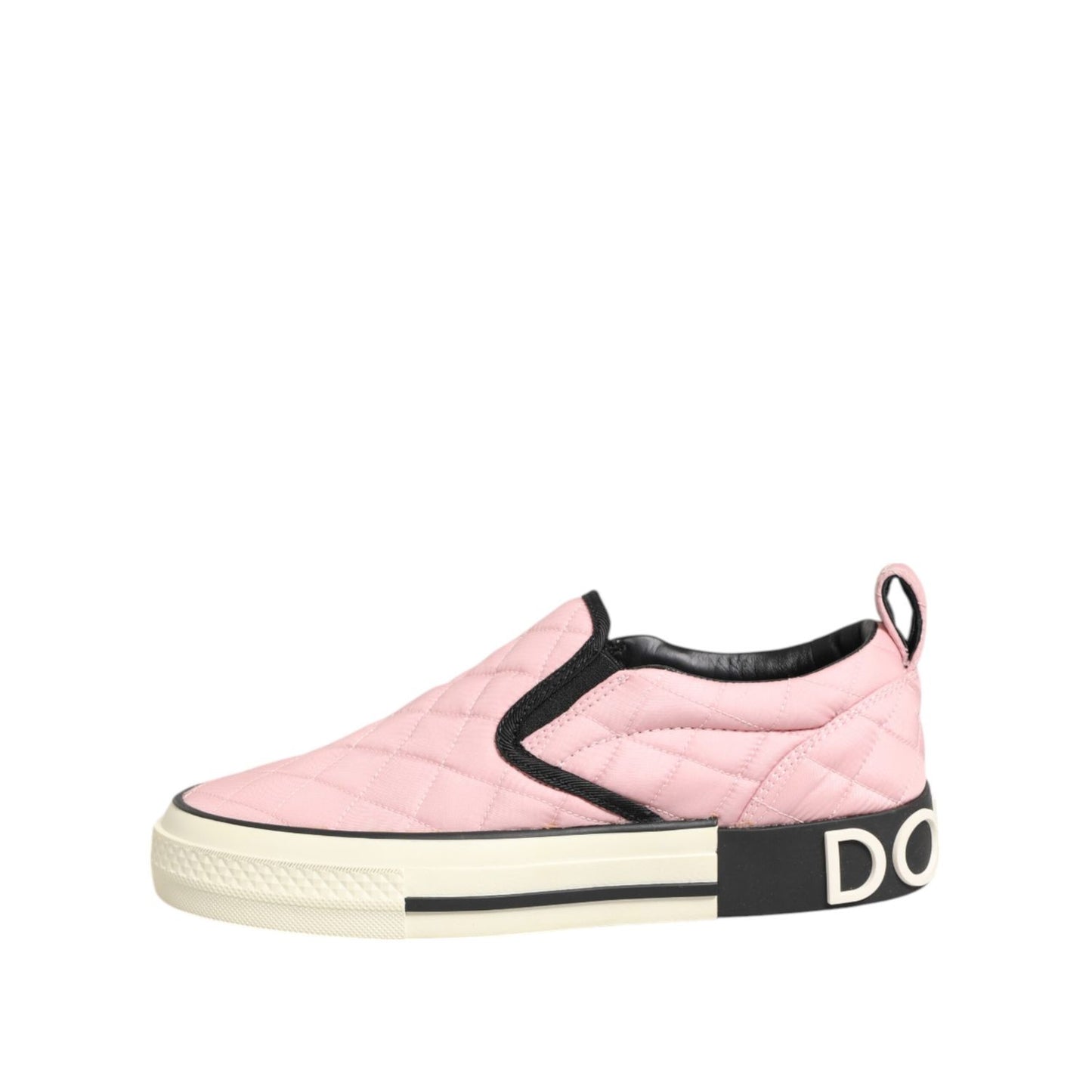 Dolce & Gabbana Pink Quilted Nylon Slip-On Sneaker Shoes with black sole and logo detailing, stylish and comfortable design for women.