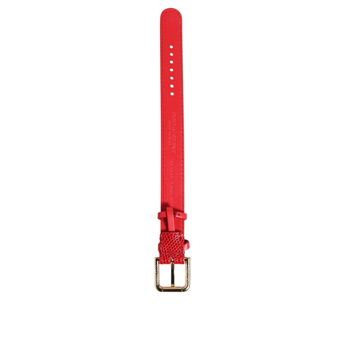 Dolce & Gabbana Red Exotic Leather Gold Tone Metal Buckle Women Armband, luxury calf leather bracelet with logo details, made in Italy.