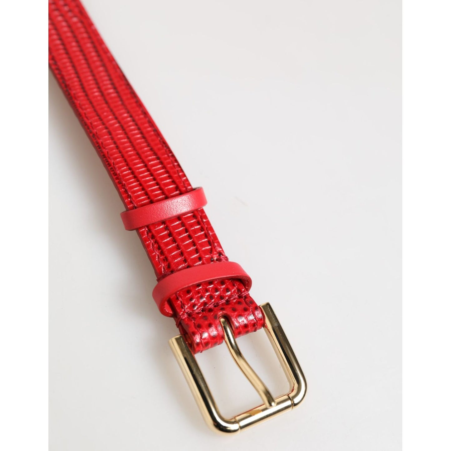 Dolce & Gabbana Red Exotic Leather Gold Tone Metal Buckle Women Armband with calf leather and logo details, made in Italy.
