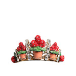 Dolce & Gabbana Red Floral Flowerpot Crystal Gold Crown Tiara Headband - handcrafted with red flowers, gold details, and crystals.