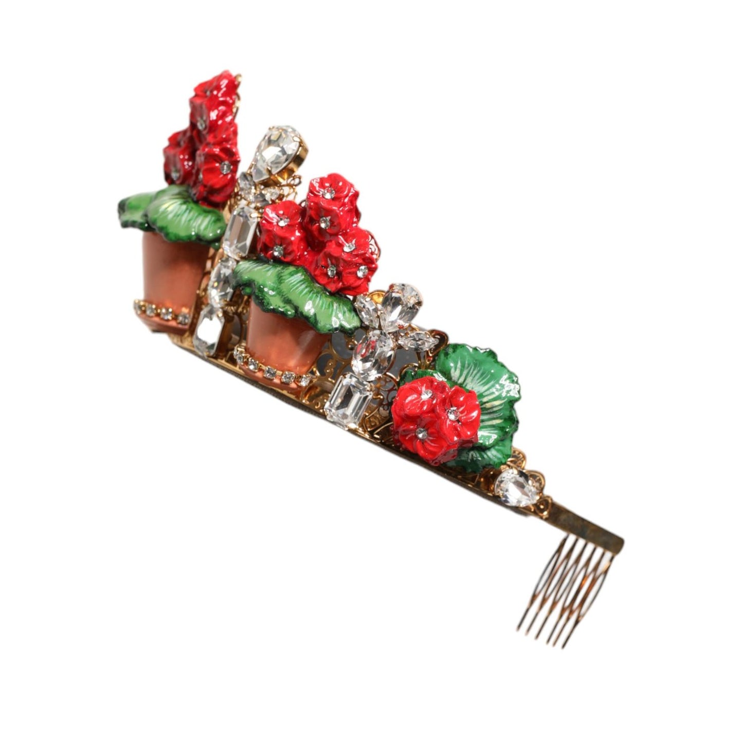 Dolce & Gabbana Red Floral Flowerpot Crystal Gold Crown Tiara Headband with terracotta pots and sparkling crystals.