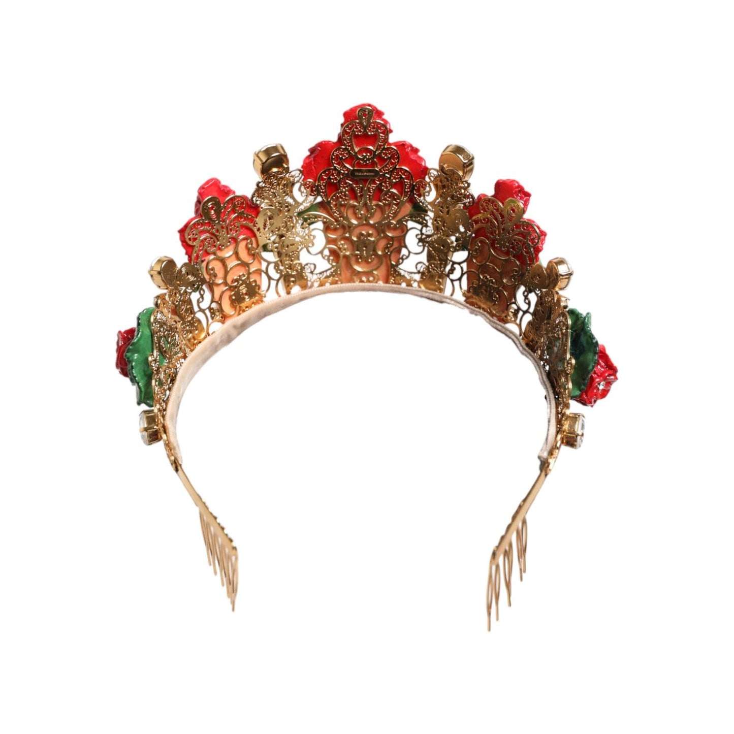 Dolce & Gabbana Red Floral Flowerpot Crystal Gold Crown Tiara Headband with red flowers, gold filigree, and crystals.