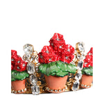 Dolce & Gabbana Red Floral Flowerpot Crystal Gold Crown Tiara Headband with red flowers and gold filigree.