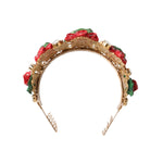 Dolce & Gabbana Red Floral Flowerpot Crystal Gold Crown Tiara Headband with red flowers, gold detailing, and crystals.