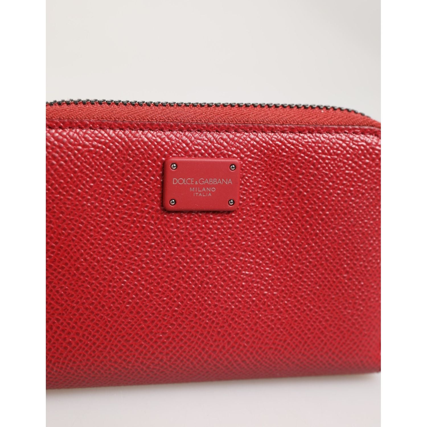 Dolce & Gabbana Red Leather Zip Around Logo Plaque Men Coin Purse Wallet