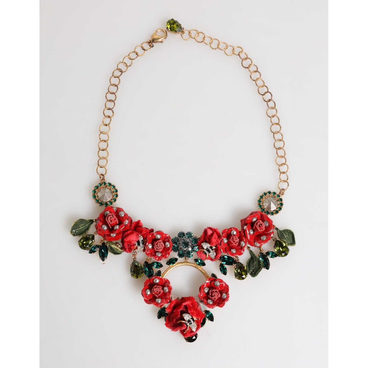 Dolce & Gabbana Red Rose Floral Crystal Embellished Statement Jewelry Necklace with intricate metallic leaf accents.