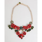 Dolce & Gabbana Red Rose Floral Crystal Embellished Statement Jewelry Necklace with intricate metallic leaf accents.