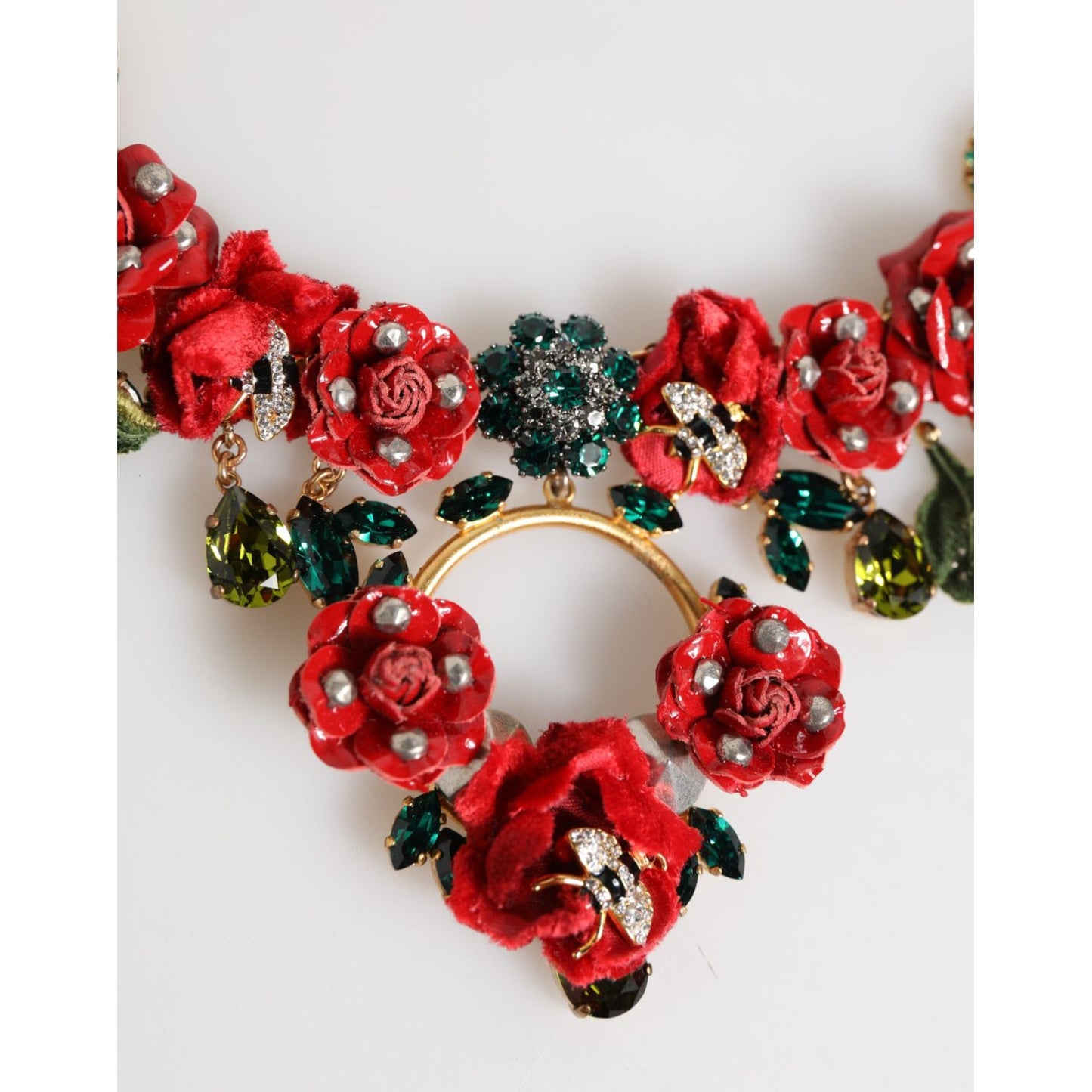 Dolce & Gabbana Red Rose Floral Crystal Embellished Statement Jewelry Necklace with green and clear crystals