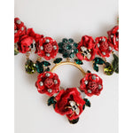 Dolce & Gabbana Red Rose Floral Crystal Embellished Statement Jewelry Necklace with green and clear crystals