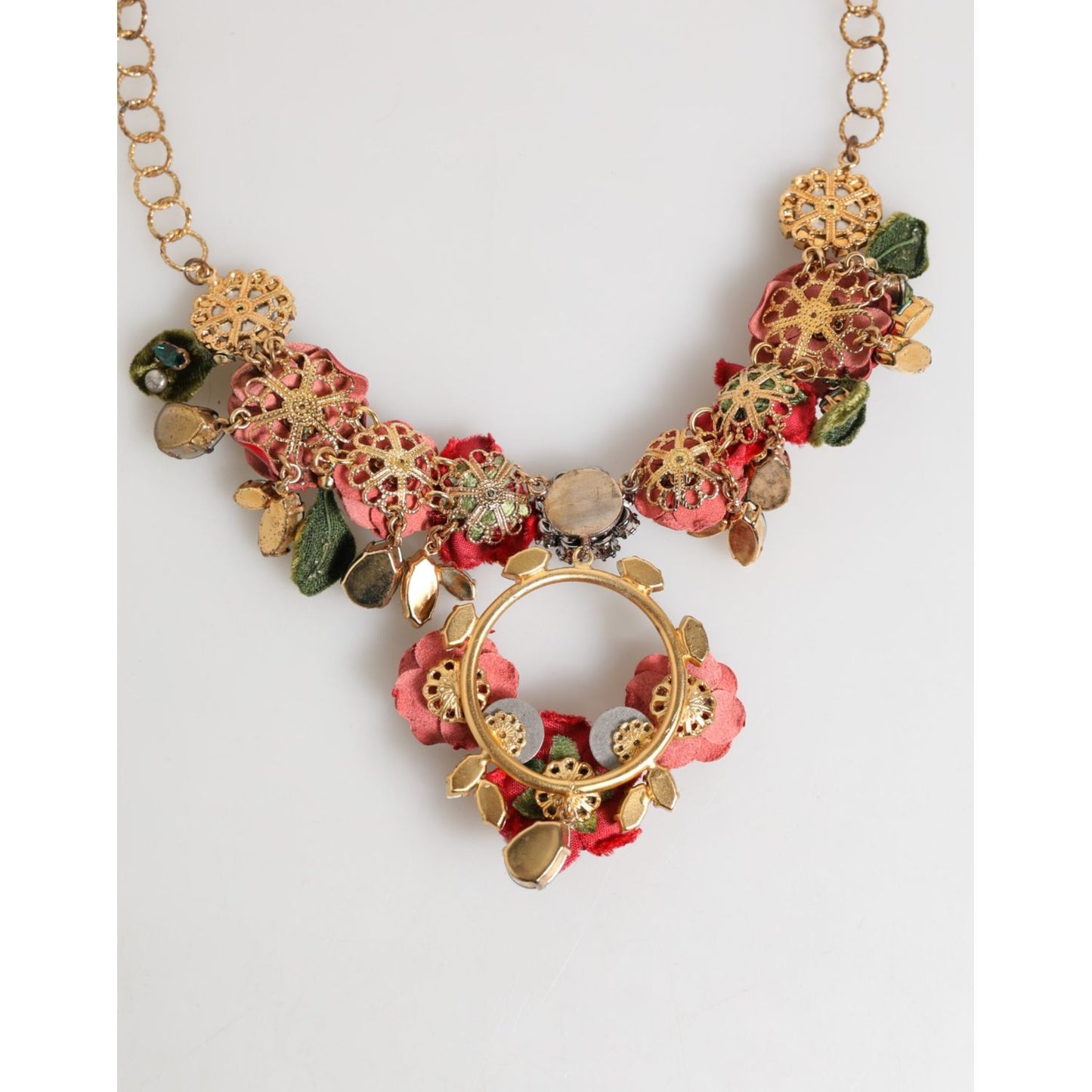Dolce & Gabbana Red Rose Floral Crystal Embellished Statement Jewelry Necklace with gold and green accents displayed on white background.