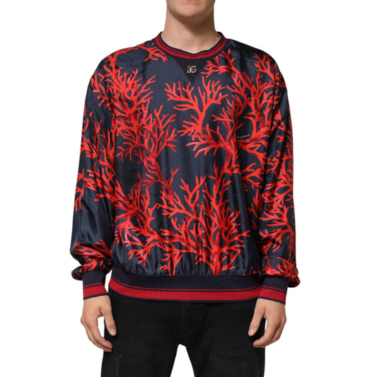 Dolce & Gabbana Silk Navy Red Coral Print Pullover Sweater with Mediterranean elegance and bold Italian style.