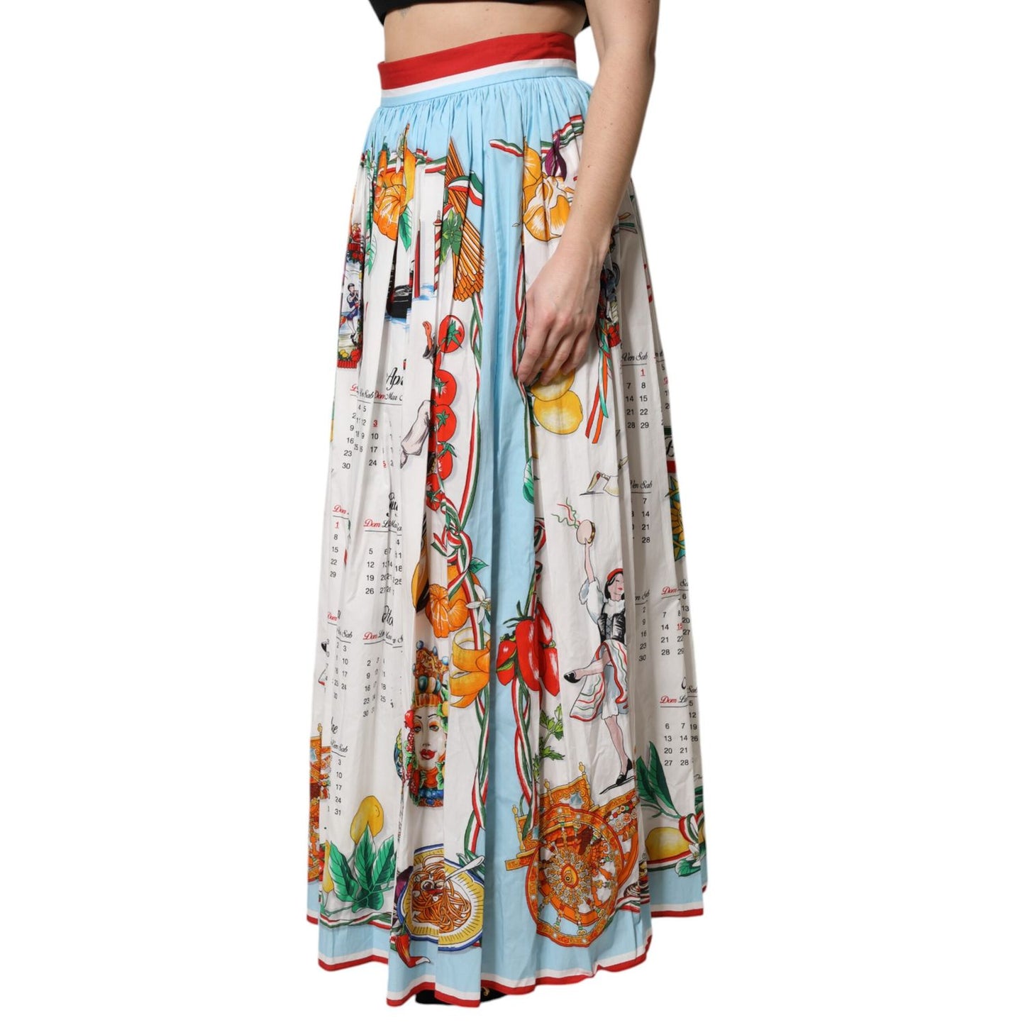 Dolce & Gabbana White Calendar Print Cotton Gathered Maxi Skirt with colorful design