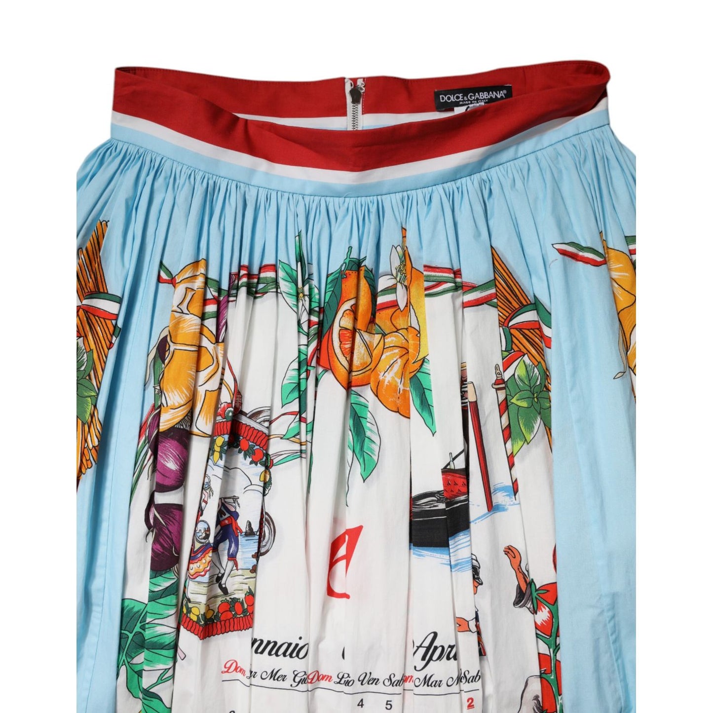 Dolce & Gabbana White Calendar Print Cotton Gathered Maxi Skirt with colorful patterns and vibrant pleats.