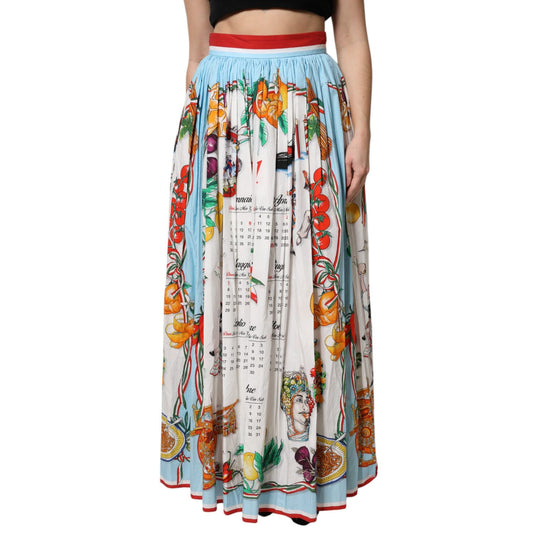 Model wearing Dolce & Gabbana White Calendar Print Cotton Gathered Maxi Skirt with colorful design details.