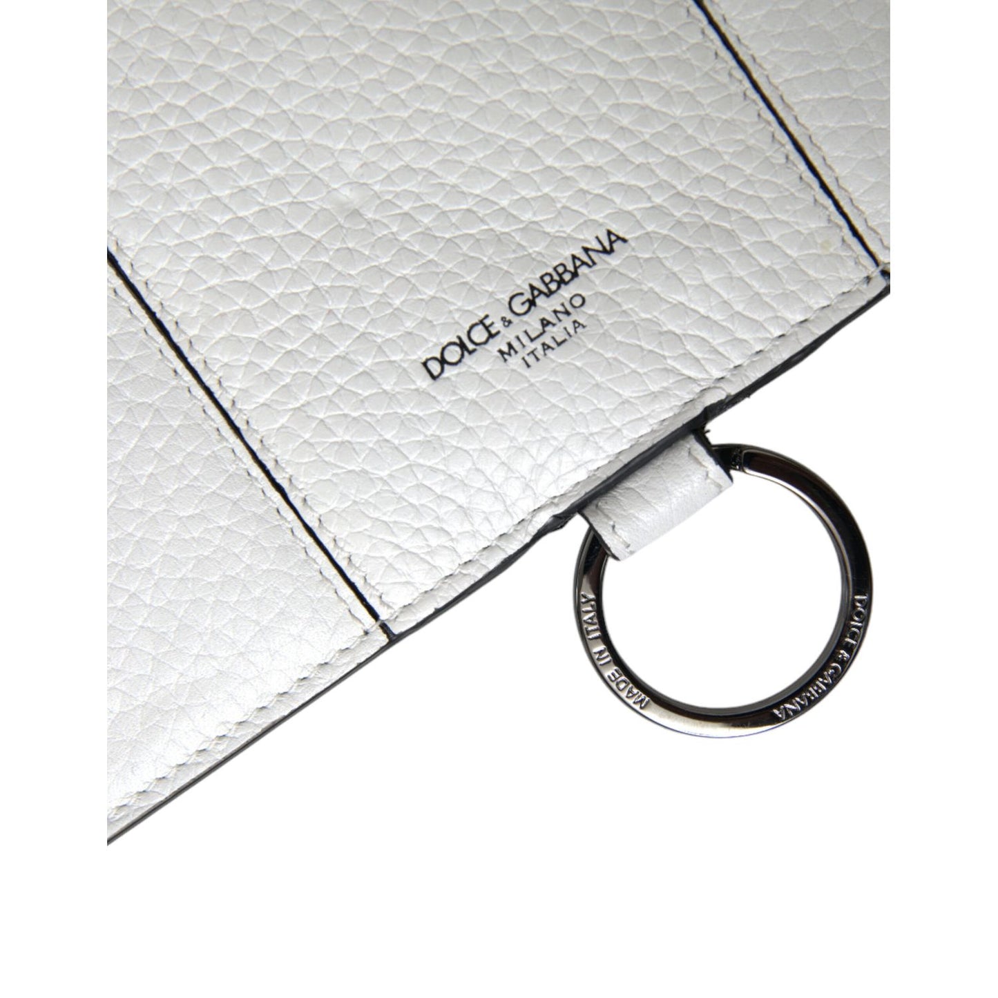 Dolce & Gabbana White Calfskin Leather Large Crossbody Card Holder Wallet with logo and keyring attachment, pebbled texture.
