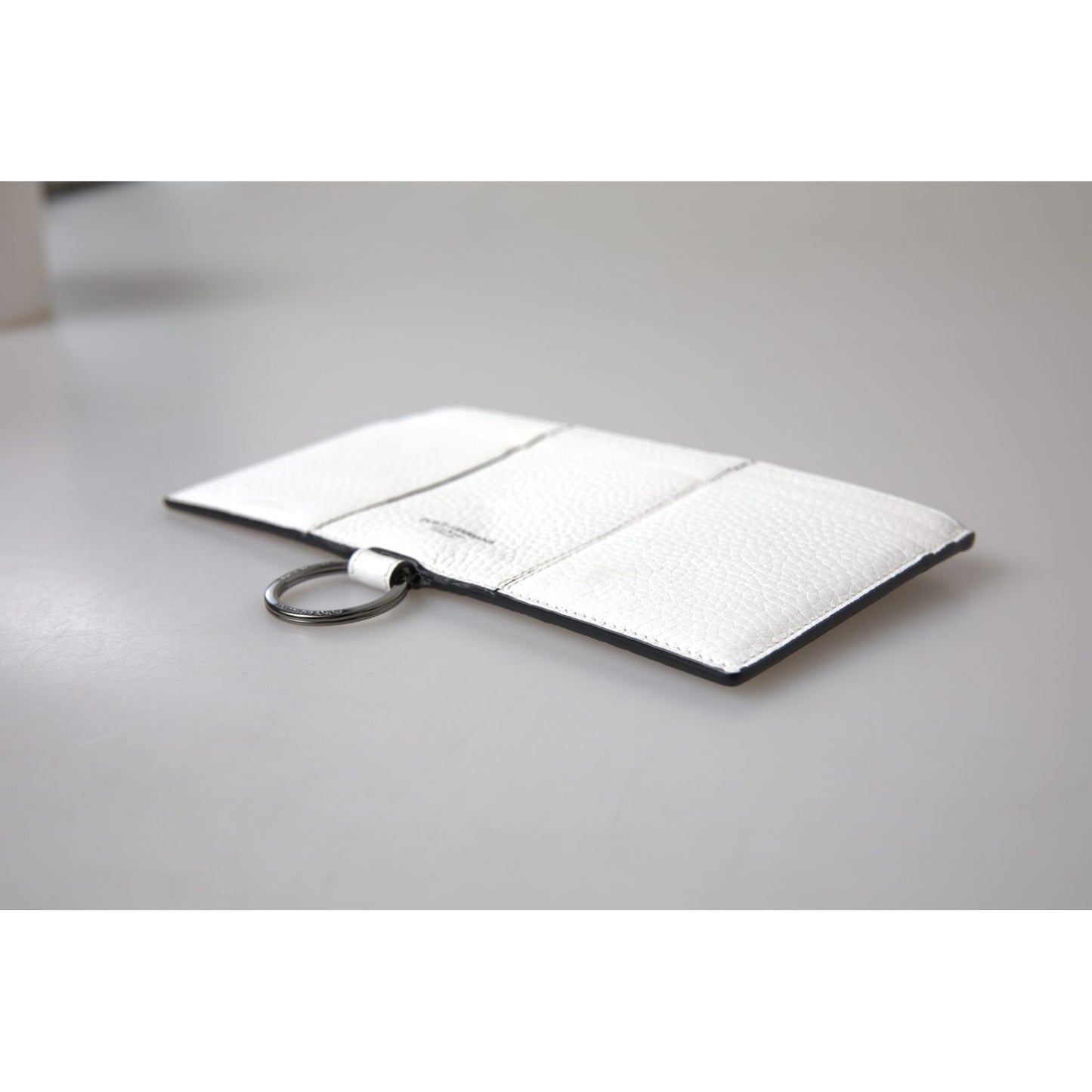 Dolce & Gabbana White Calfskin Leather Large Crossbody Card Holder Wallet showcasing keyring and texture.