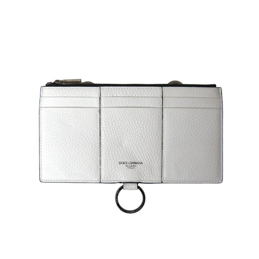 Dolce & Gabbana White Calfskin Leather Large Crossbody Card Holder Wallet with logo print, keyring, and card slots.