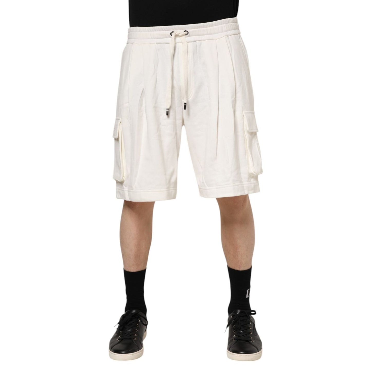 Dolce & Gabbana White Cotton Cargo Bermuda Sweatshorts Shorts with drawstring waist and cargo pockets. Casual and stylish men's shorts.