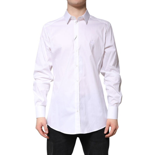 Dolce & Gabbana White Cotton Collared GOLD FormalDress Shirt, long sleeve, high-quality luxury wear for formal occasions.