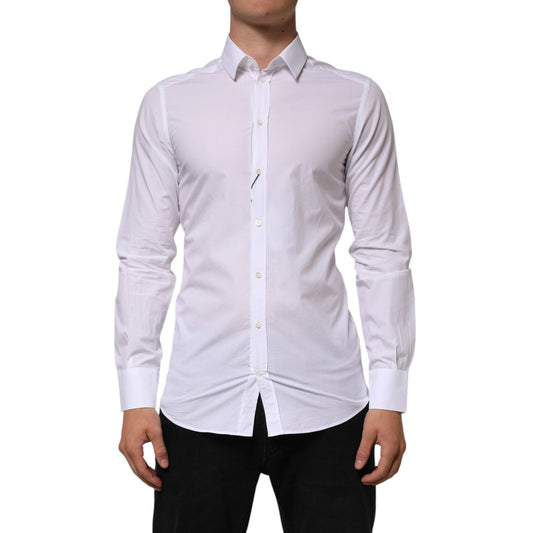 Dolce & Gabbana White Cotton GOLD Formal Men Longsleeves Shirt, made from premium cotton with a slim fit design for formal occasions.