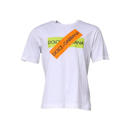 Dolce & Gabbana White Logo Tape Cotton Crew Neck T-shirt with colorful logo detail, made from 100% cotton, short sleeves, regular fit.