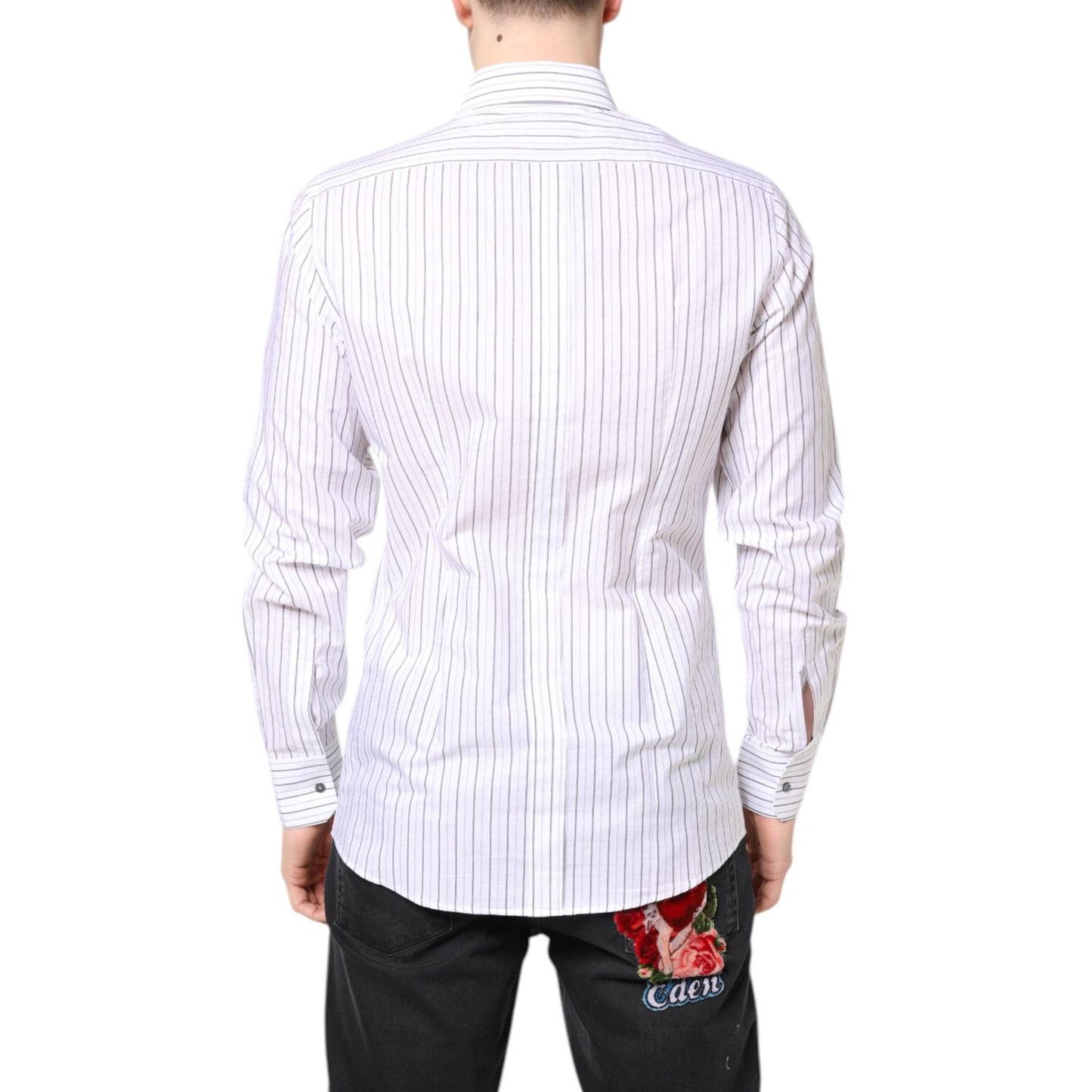 Dolce & Gabbana White Stripes Cotton GOLD Formal Dress Shirt with classic neck and button closure, back view.