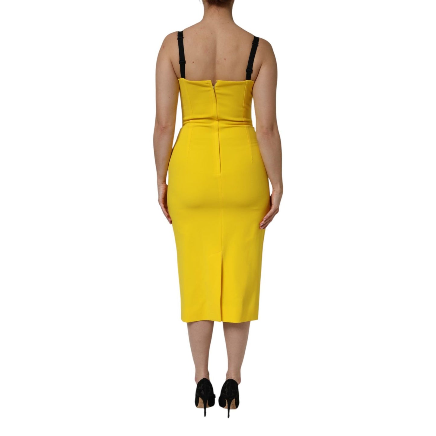 Back view of Dolce & Gabbana Yellow Polyester Sleeveless Sheath Midi Dress.