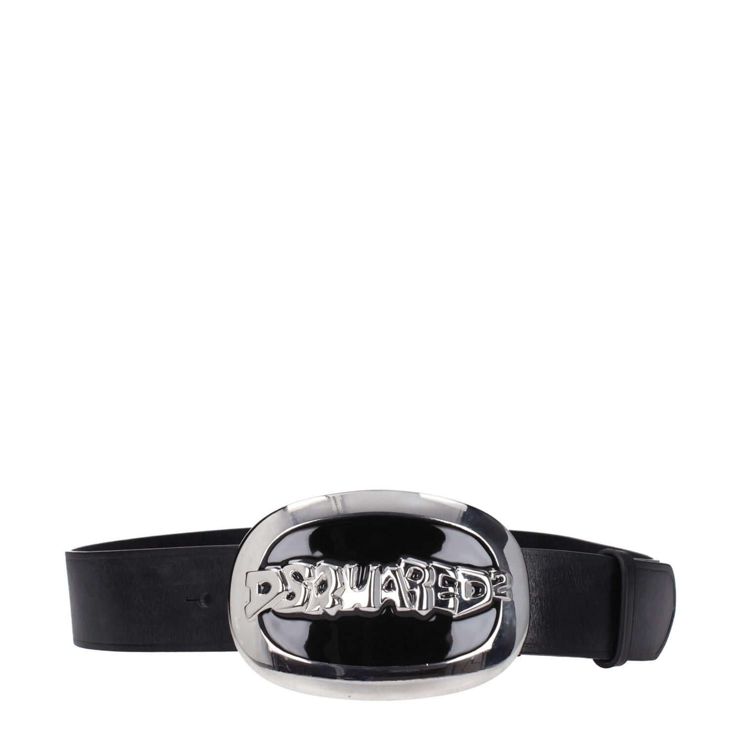 Dsquared² Black Leather Belt with vintage effect and silver front logo, hook closure, 4.3 cm height.