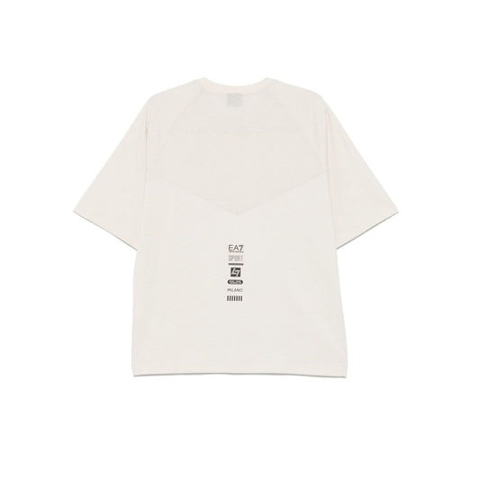 Back view of EA7 T-shirts and Polos Beige with ecru mesh panelling and logo, short sleeves, crew neck, straight hem, in cotton.