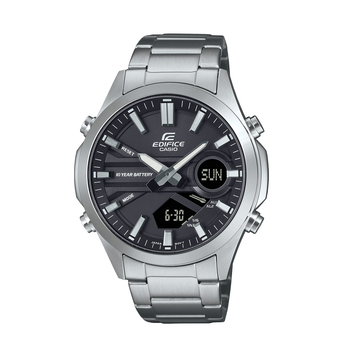 CASIO EDIFICE Mod. CLASSIC ANA-DIGIT - 10 YEAR BATTERY wristwatch featuring stainless steel case and multifunction quartz movement.