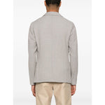 Back view of light grey Emporio Armani Jacket with high collar, featuring button fastening and side patch pockets in wool blazer style.