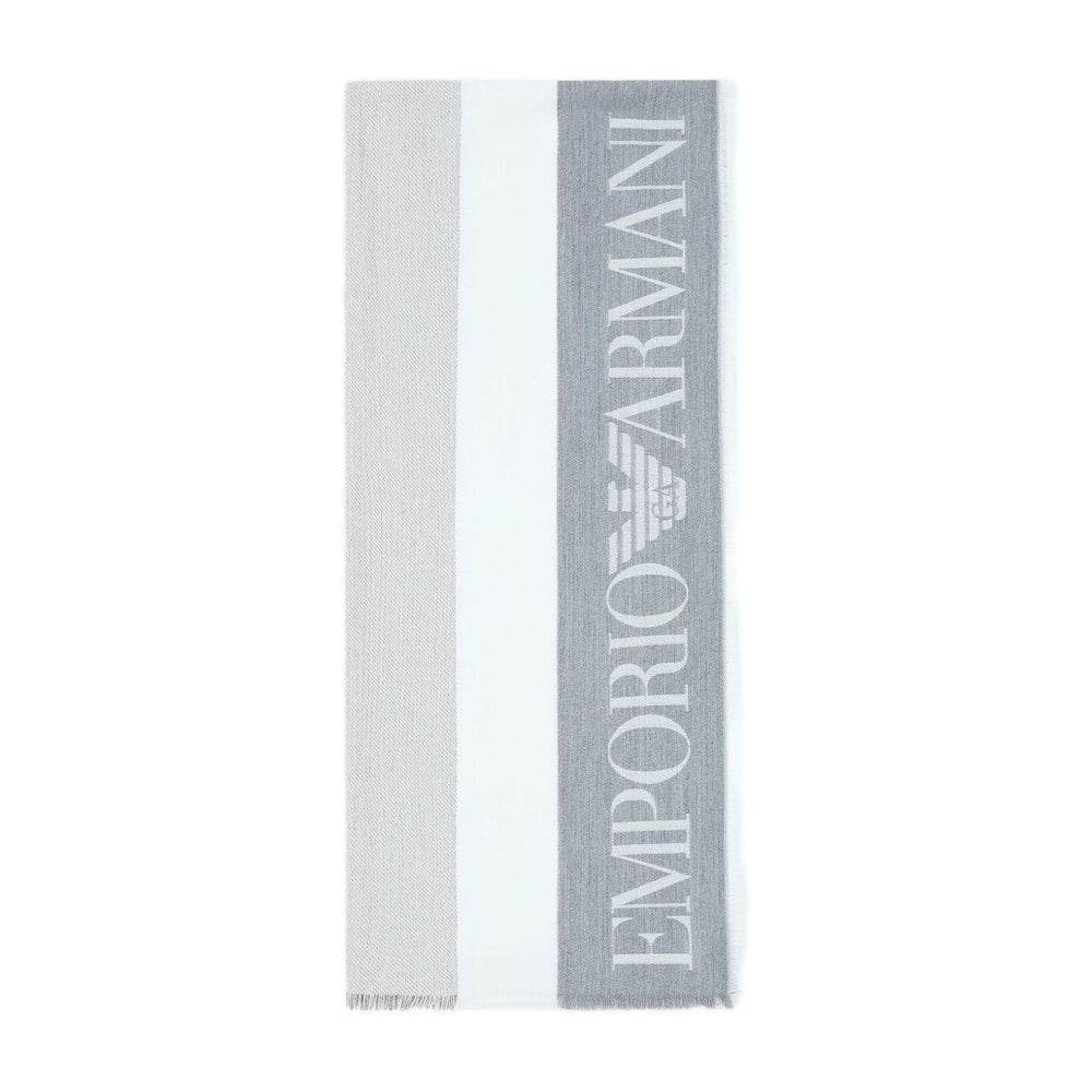 Emporio Armani Stole with multicoloured vertical bands featuring grey logo, jacquard design, and fringed edges.