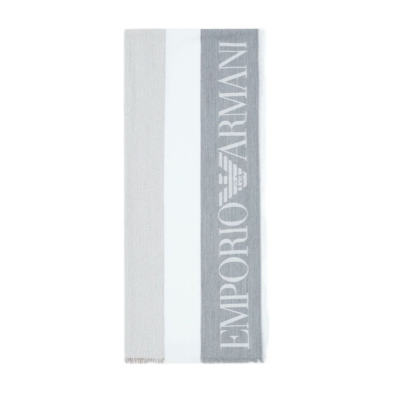 Emporio Armani Stole with multicoloured vertical bands featuring grey logo, jacquard design, and fringed edges.
