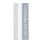 Emporio Armani Stole with multicoloured vertical bands featuring grey logo, jacquard design, and fringed edges.