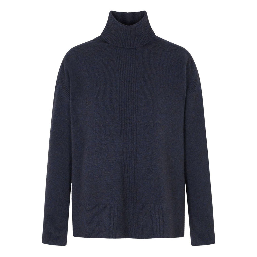 Emporio Armani Sweaters Blue - dark blue roll neck ribbed knit wool turtle-neck sweater with long sleeves and straight hemline.